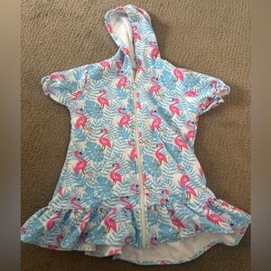 Kids Size 6 Flamingo Print Swim Zipper Hooded Coverup with Pockets
